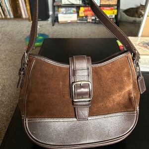 Coach brown suede & leather shoulder bag with buckle detail